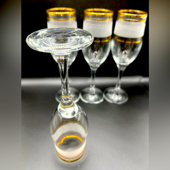 Set of 4 Vintage Midcentury Clear Wine Glasses Gold Rim Textured White Stripe 8" - Picture 9 of 11